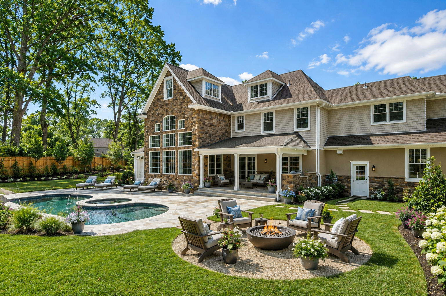 exterior back pool firepit daytime